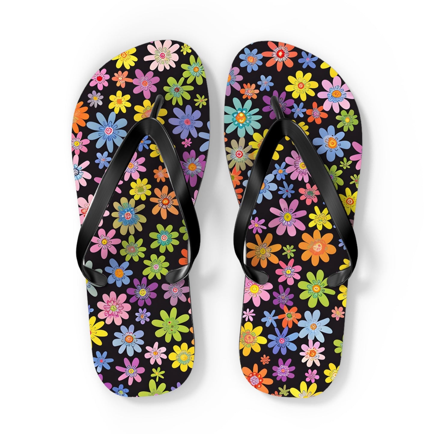 Black likes colors Bright Floral Flip Flops for Summer Fun Printify