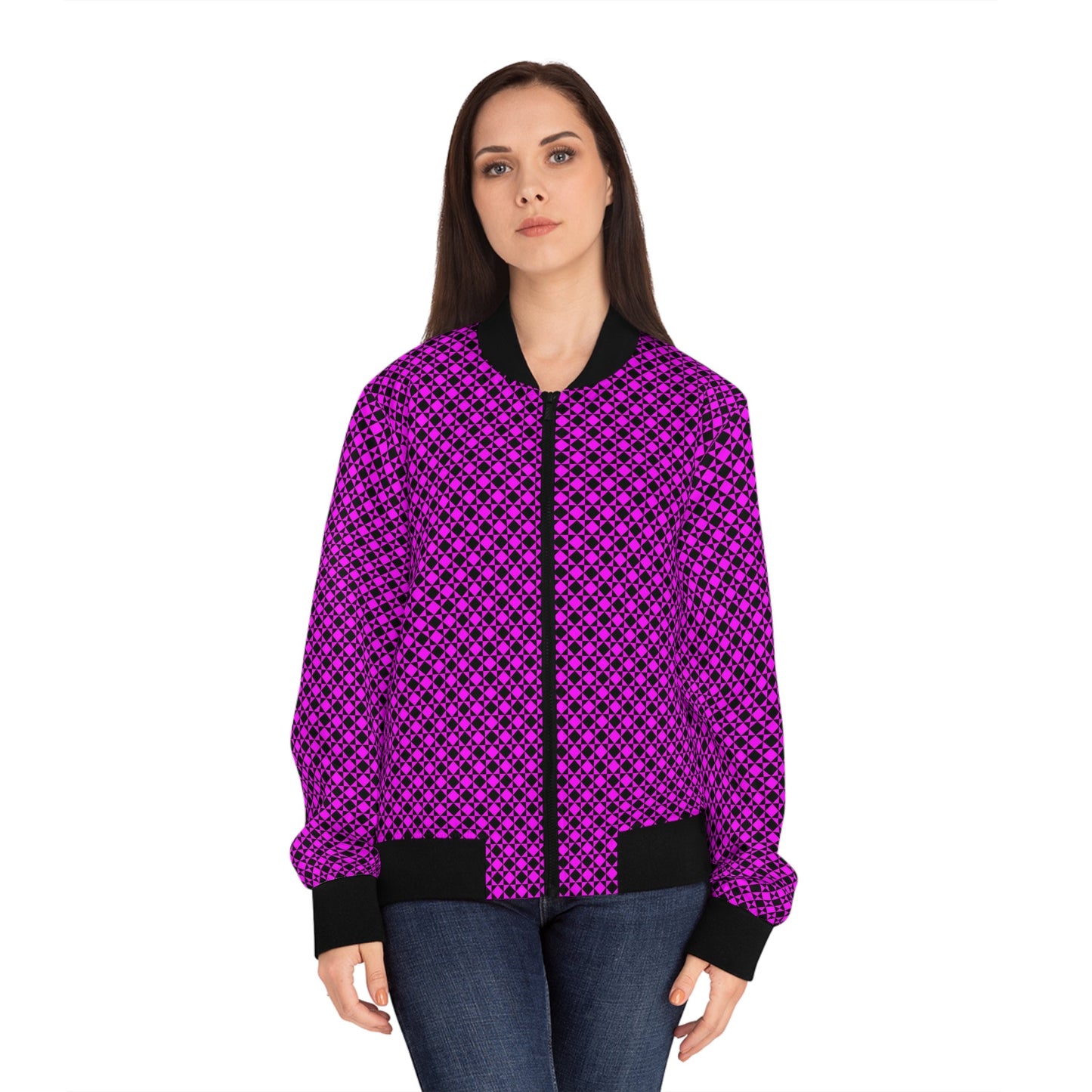 Black likes colors Trendy Women's Bomber Jacket with Vibrant Pink Pattern - Casual Chic Outerwear Printify