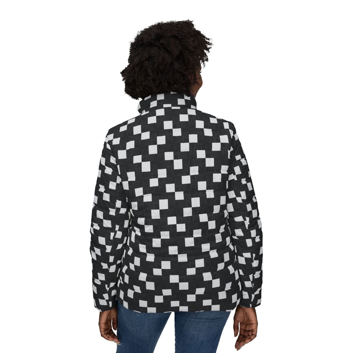 Black likes colors Stylish Women’s Puffer Jacket - Modern Geometric Design Printify
