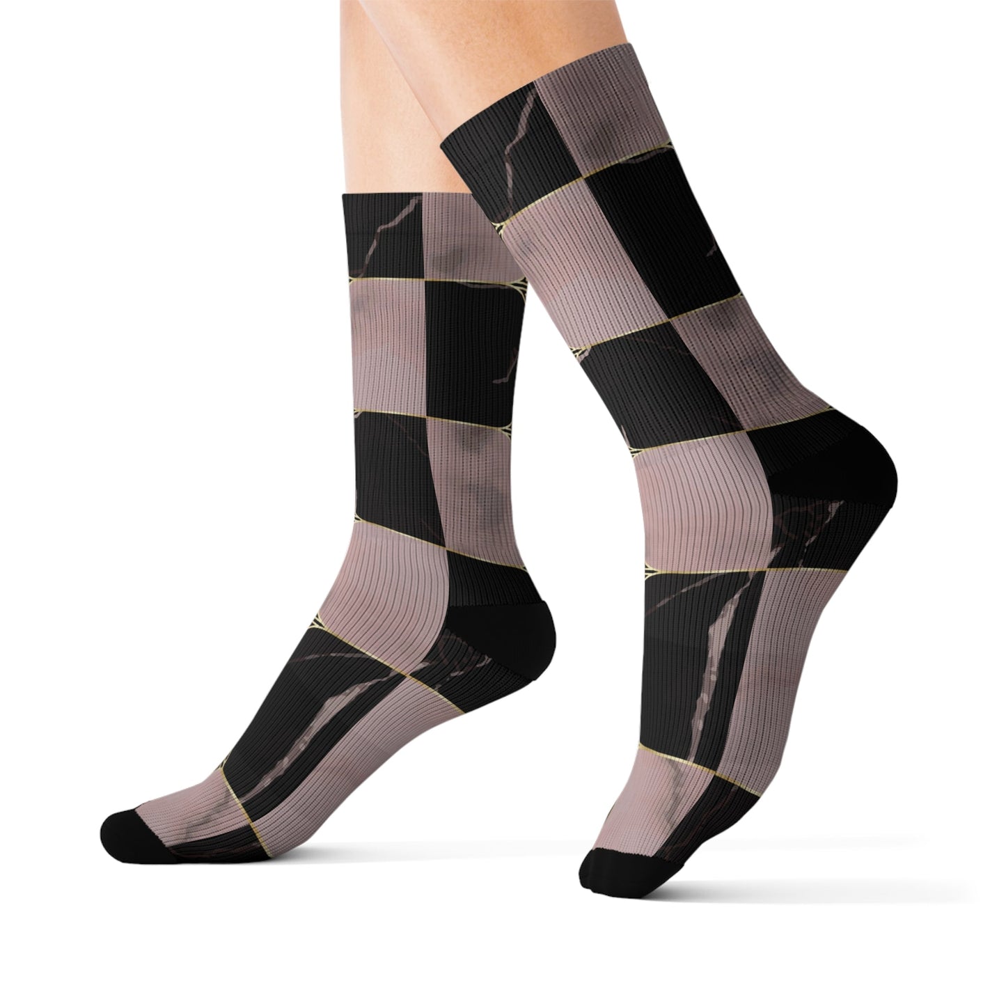 Chic abstract pattern crew socks with black and taupe checker design, soft fleece lining, and cushioned bottoms for comfort and style.