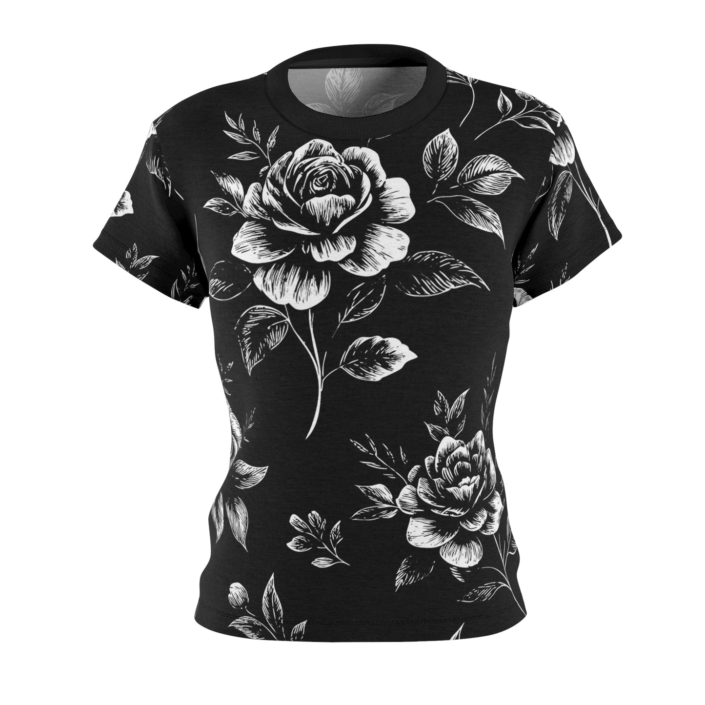 Black floral women's tee with white rose print, stylish cut and sew design for everyday wear