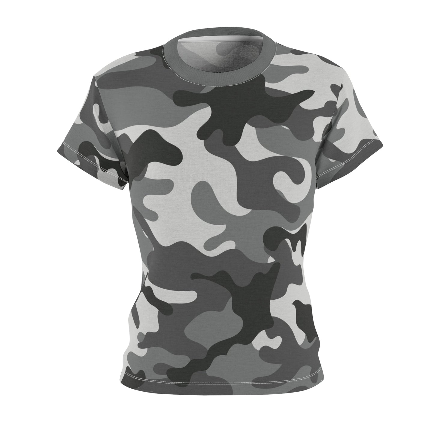 Camo women's cut and sew tee in gray and black camouflage pattern, short sleeves, casual fit.