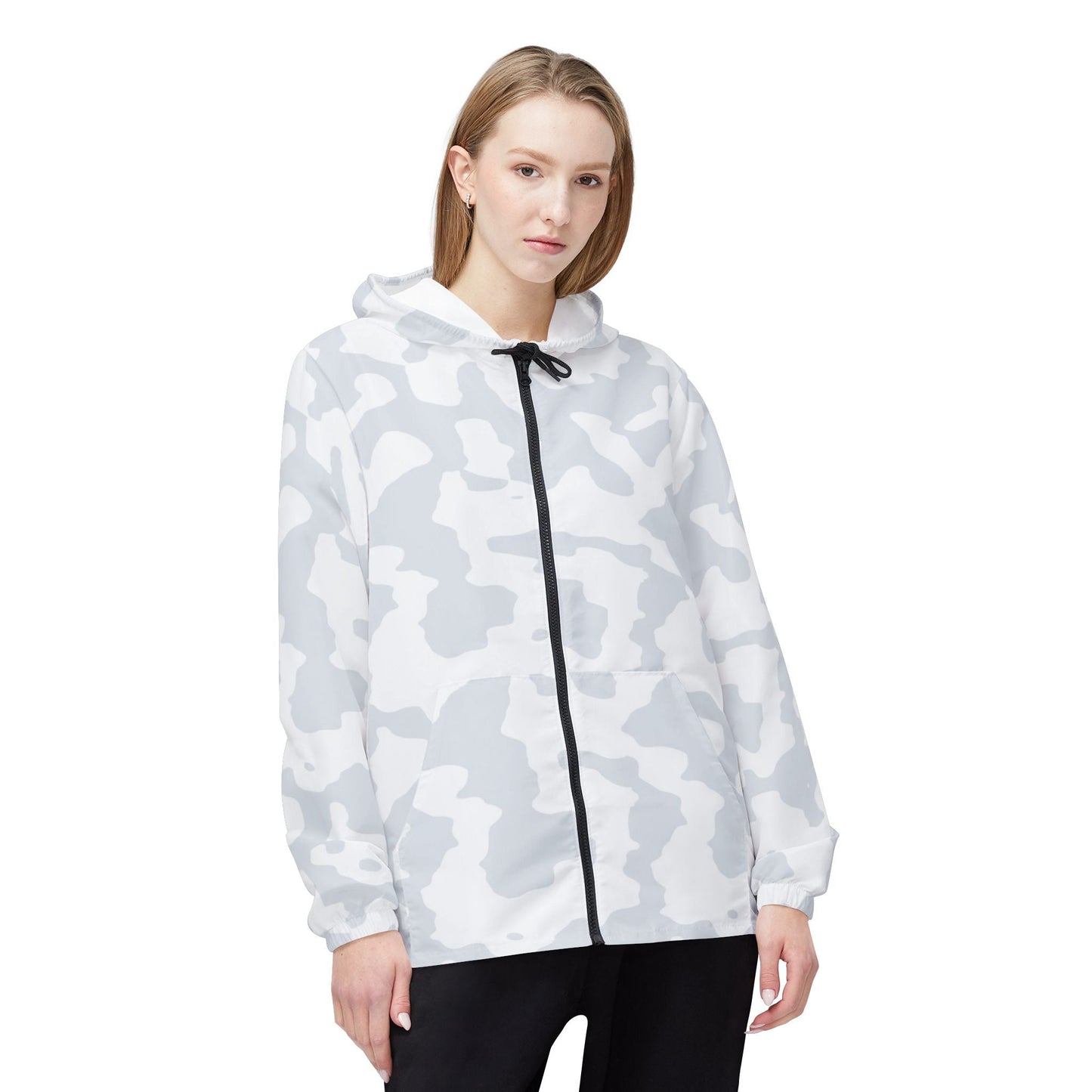 Like&Share Stylish Gray Camo Windbreaker Jacket for Outdoor Adventures Printify