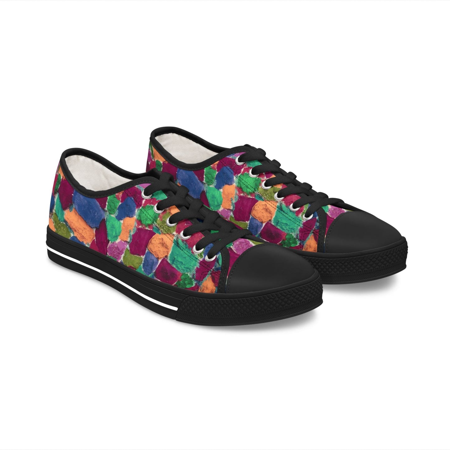 Colorful mosaic pattern women's low top sneakers with black toe caps and laces, breathable canvas and flexible sole.