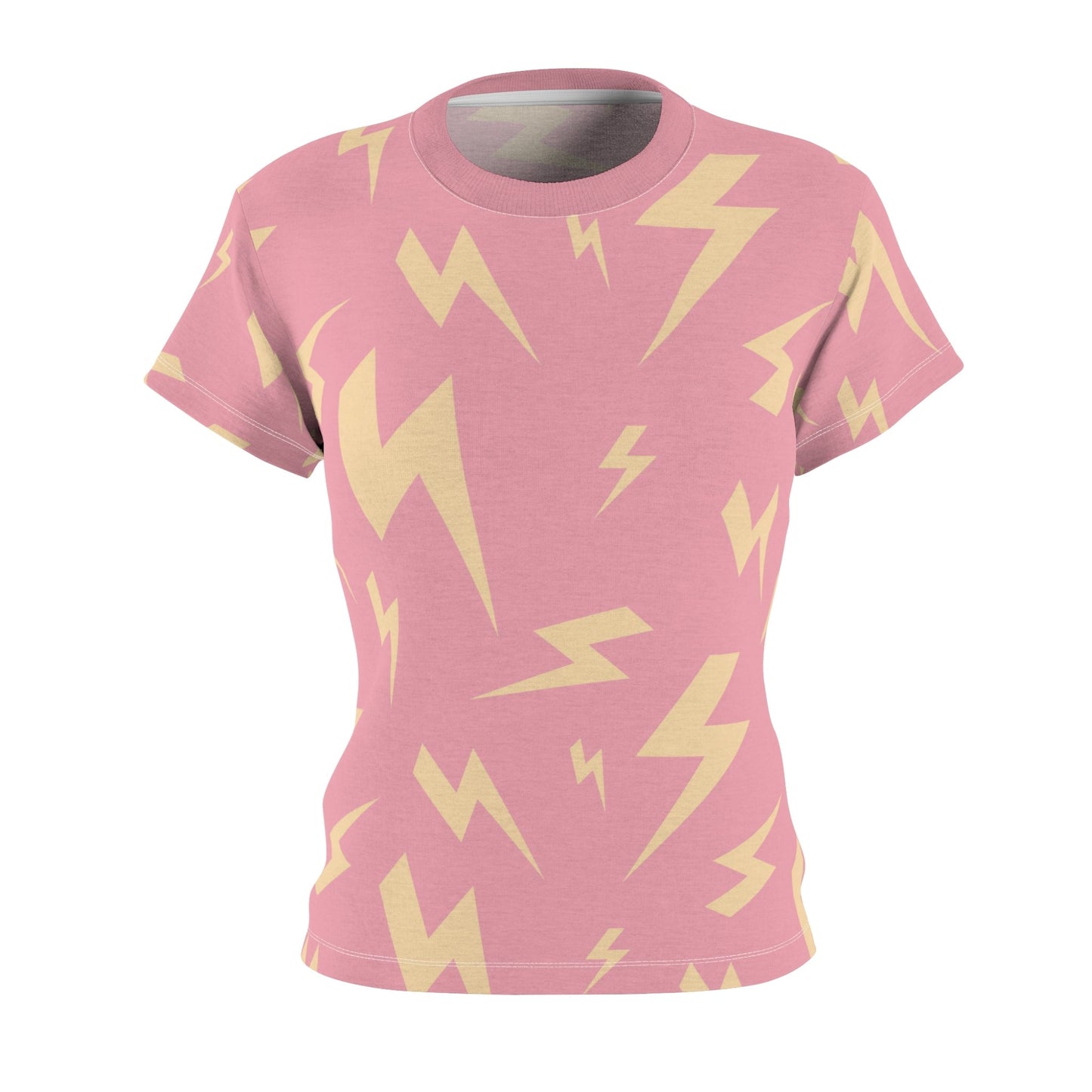 Pink women's t-shirt with yellow lightning bolt pattern, short sleeves, and ribbed collar, made of 100% polyester.