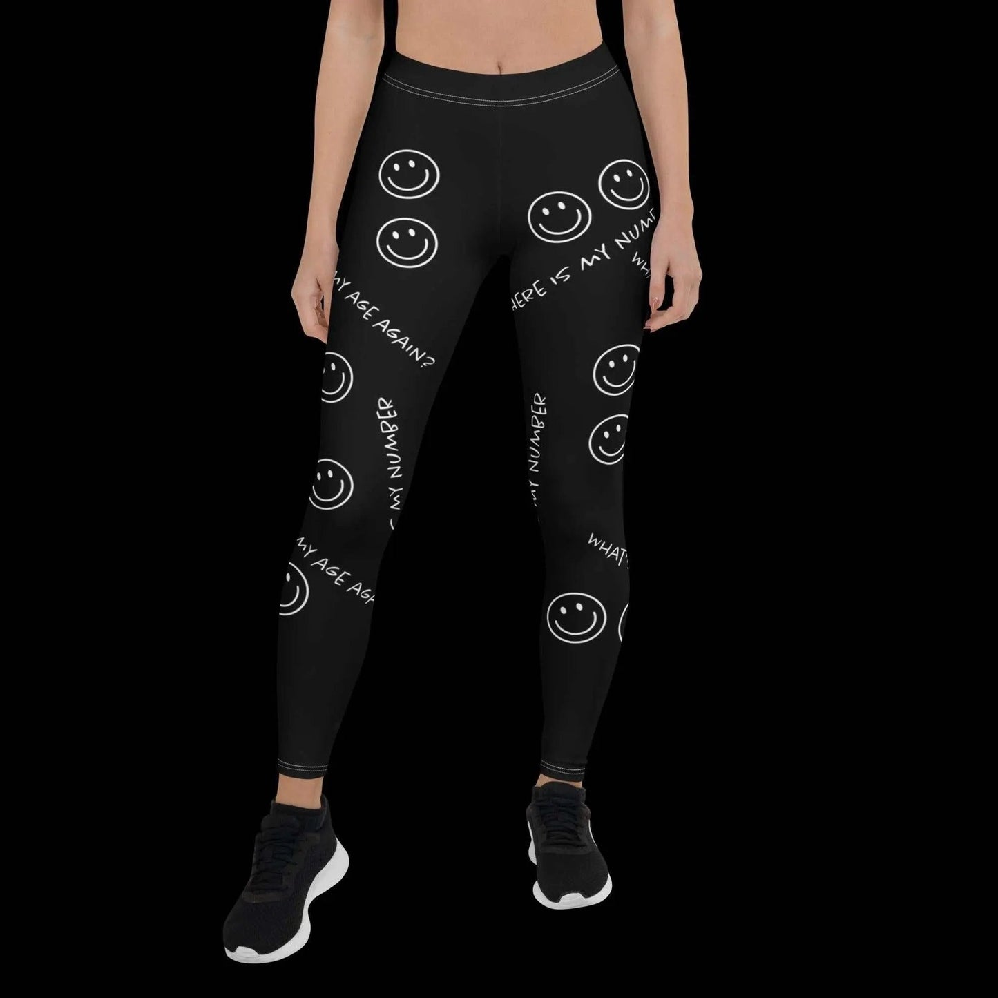 Soft stylish black microfiber leggings with smiley face patterns and text prints for everyday wear