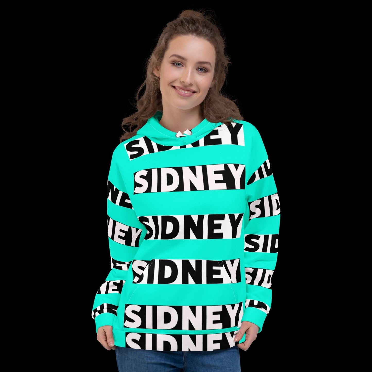 SIDNEY unisex hoodie with vibrant print and soft brushed fleece interior worn by smiling model
