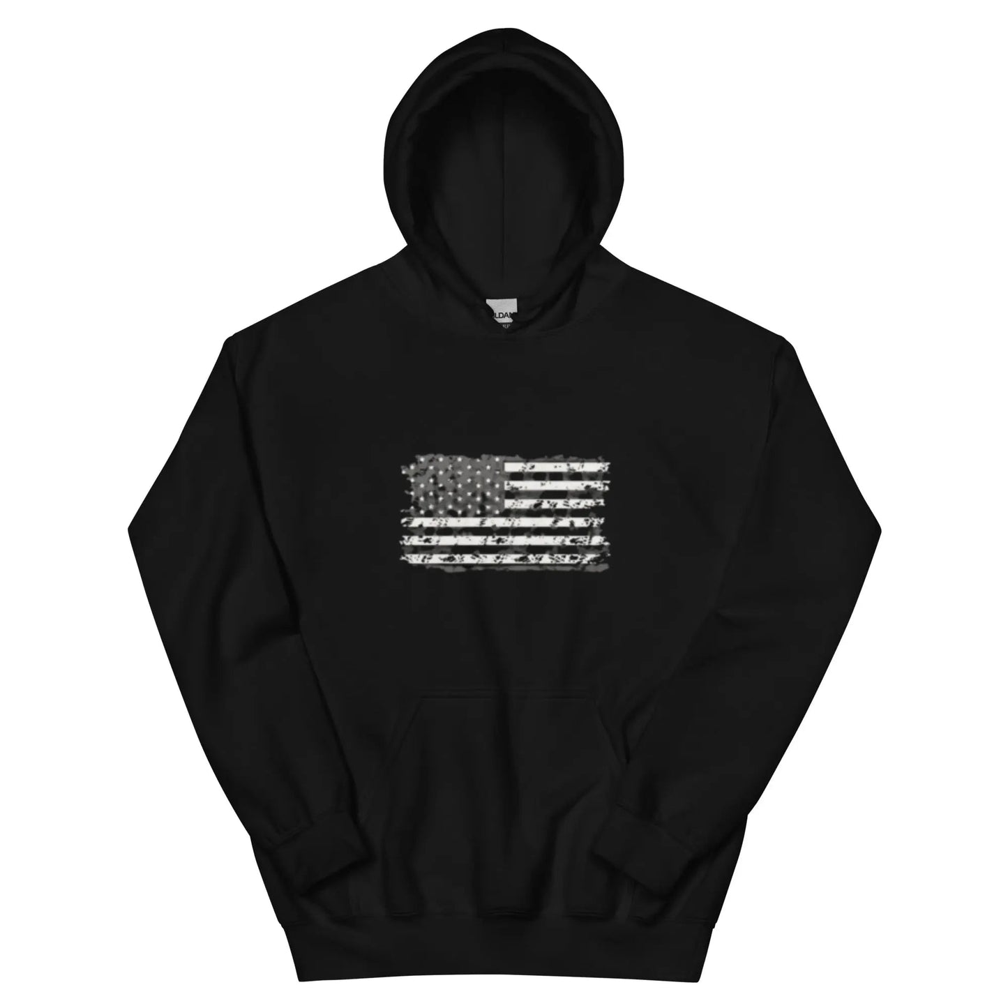 Black GLORY DAYS Unisex Hoodie with distressed American flag print, soft cotton-poly blend, and front pouch pocket