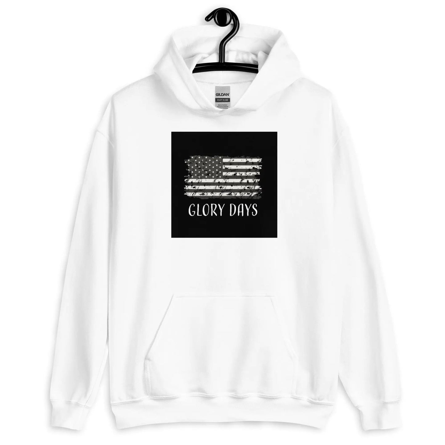 White GLORY DAYS unisex hoodie with distressed American flag and front pouch pocket, soft cotton-poly blend, cozy and stylish for cooler evenings