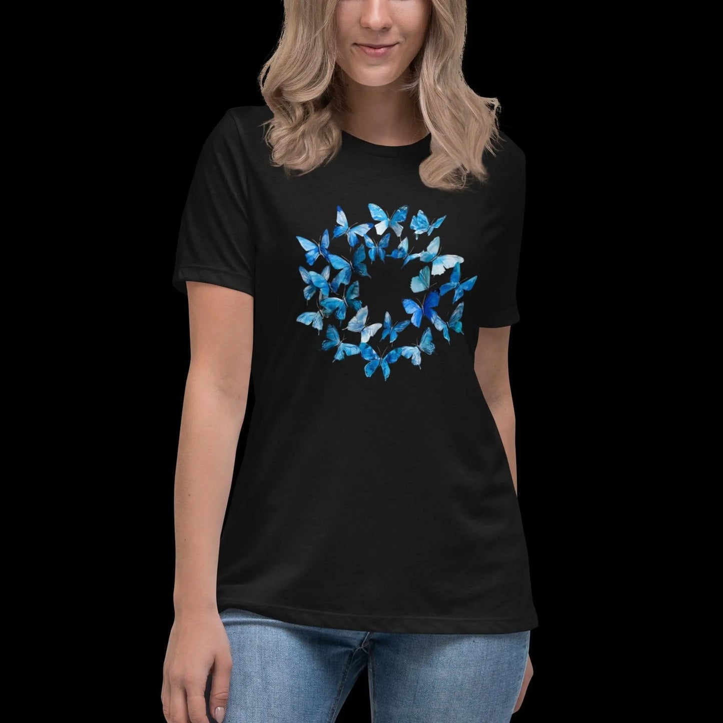 MYSTERIOUS DARK Women Relaxed T-Shirt black with blue butterfly circle design soft cotton relaxed fit