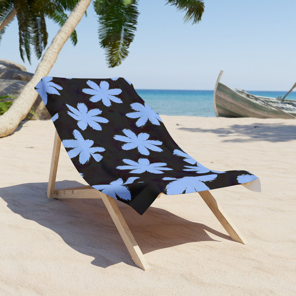 Blue Daisy Floral Beach Towel — Black Background Summer Beach Towel