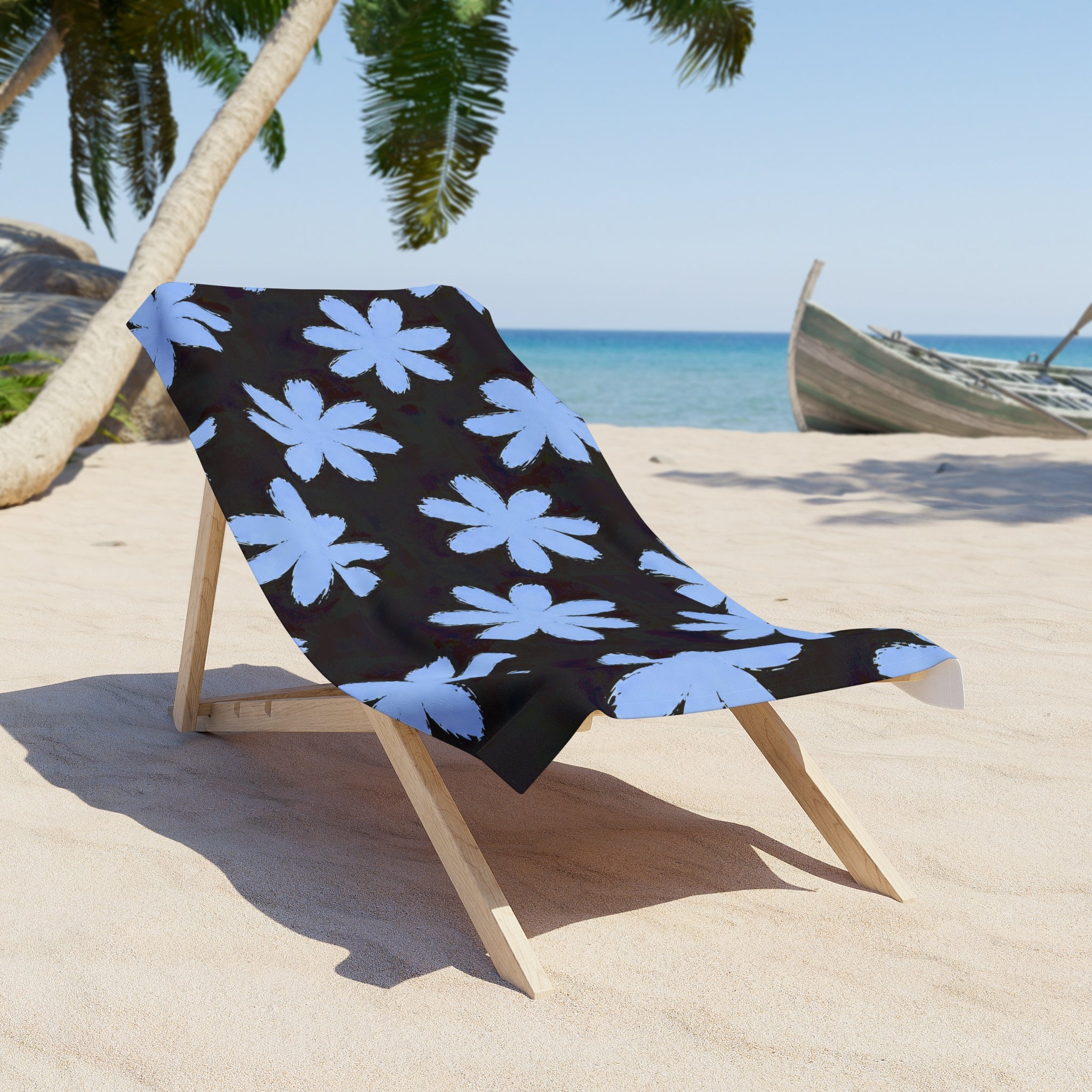 Blue Daisy Floral Beach Towel — Black Background Summer Beach Towel