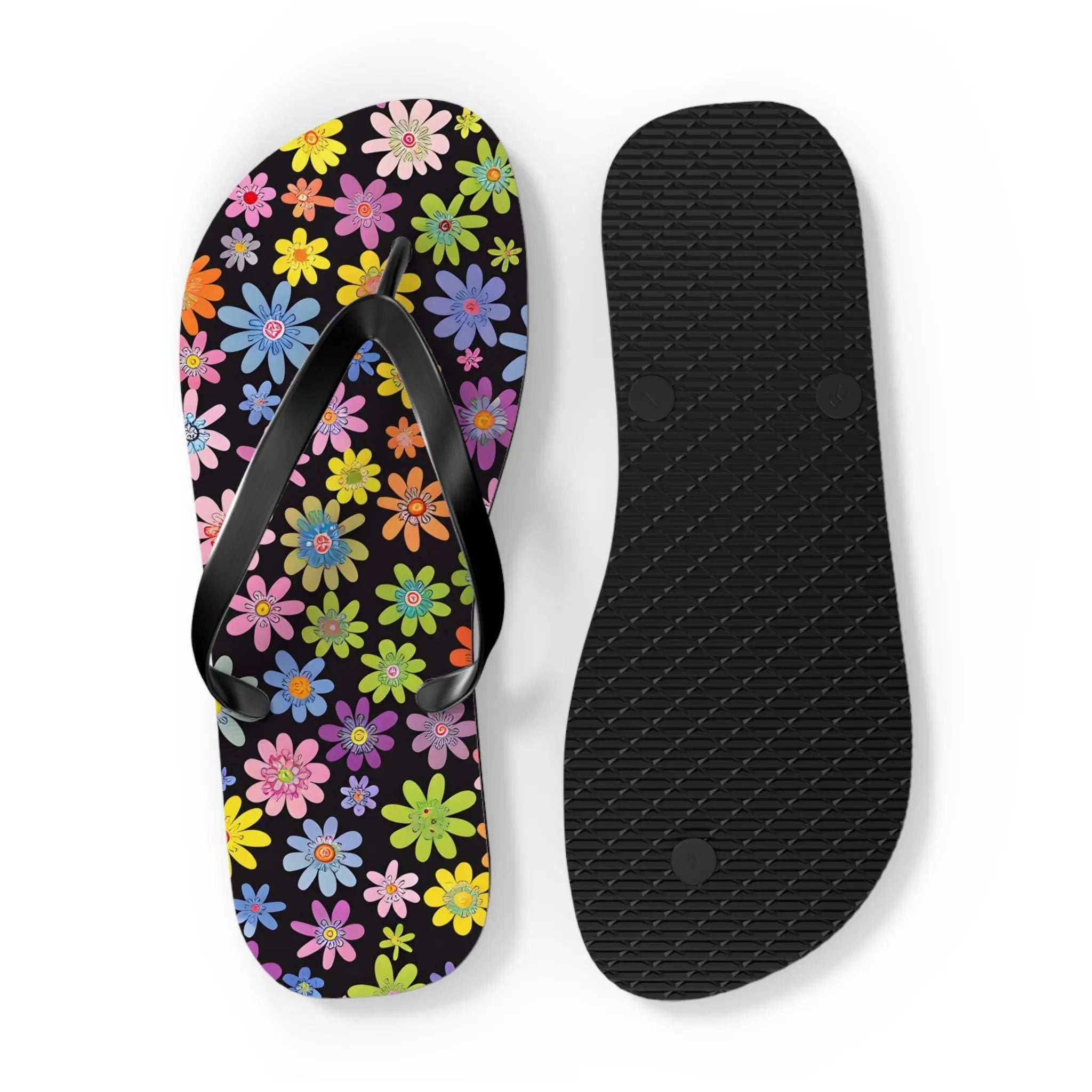 Black likes colors Bright Floral Flip Flops for Summer Fun Printify