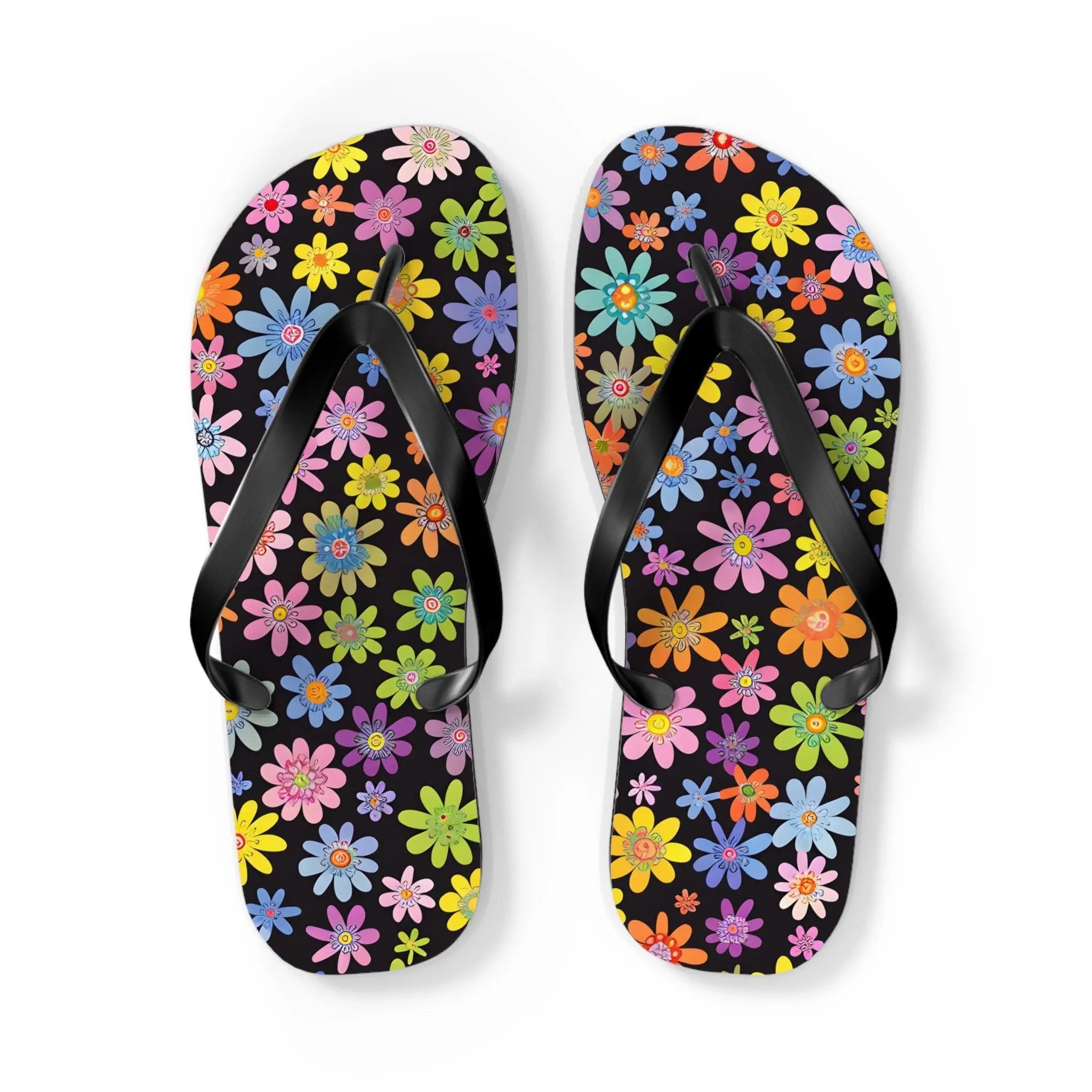 Black likes colors Bright Floral Flip Flops for Summer Fun Printify