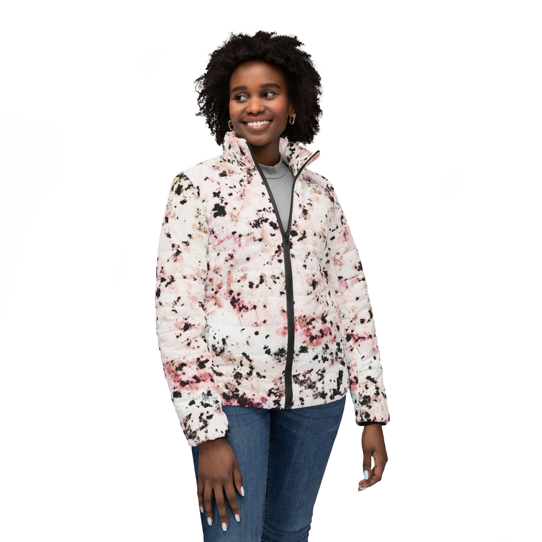 Pink Marble Print Puffer Jacket