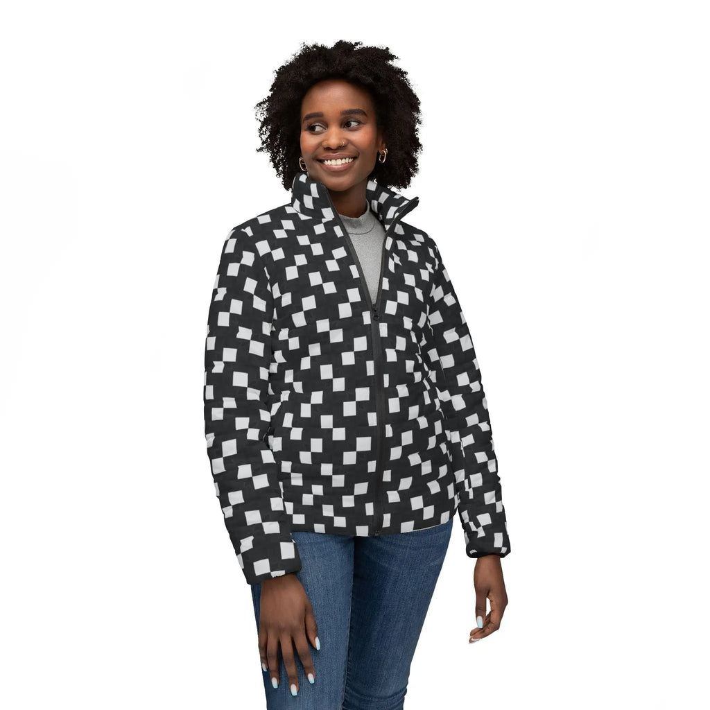 Black likes colors Stylish Women’s Puffer Jacket - Modern Geometric Design Printify