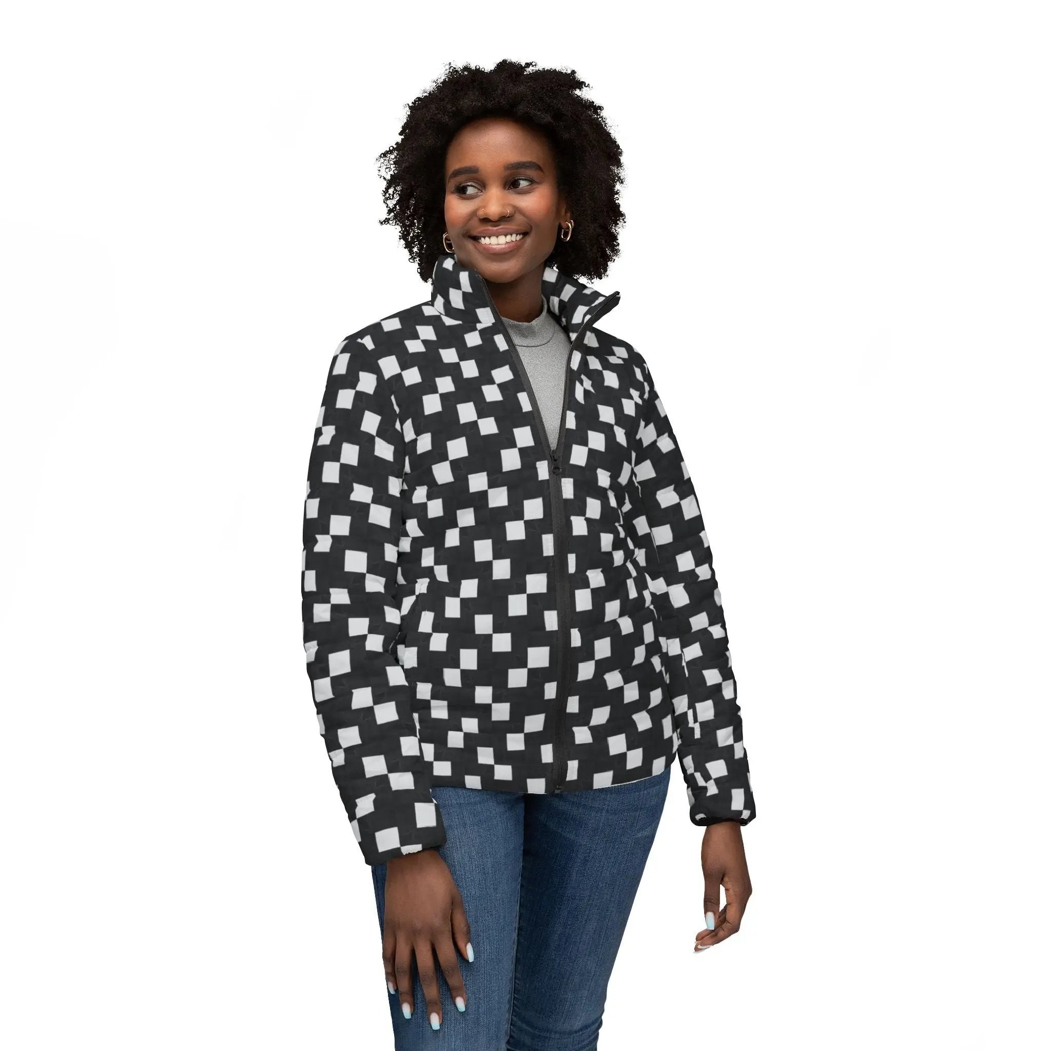 Black likes colors Stylish Women’s Puffer Jacket - Modern Geometric Design Printify
