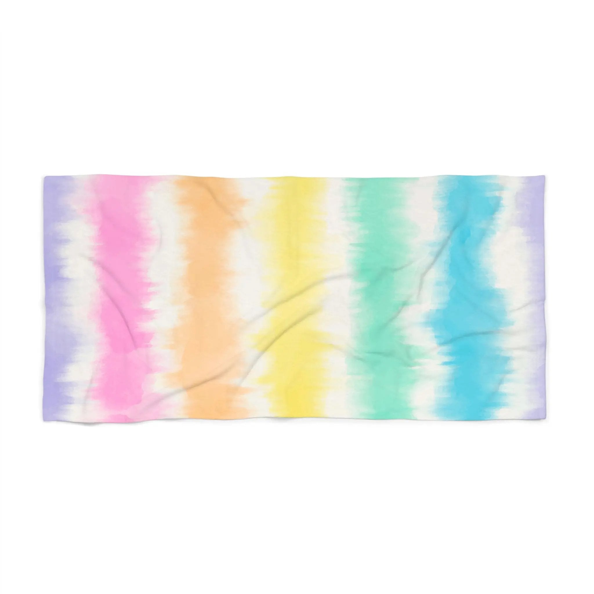 Like&Share Bright Pastel Beach Towel - Colorful Tie-Dye Design for Summer Fun Printify