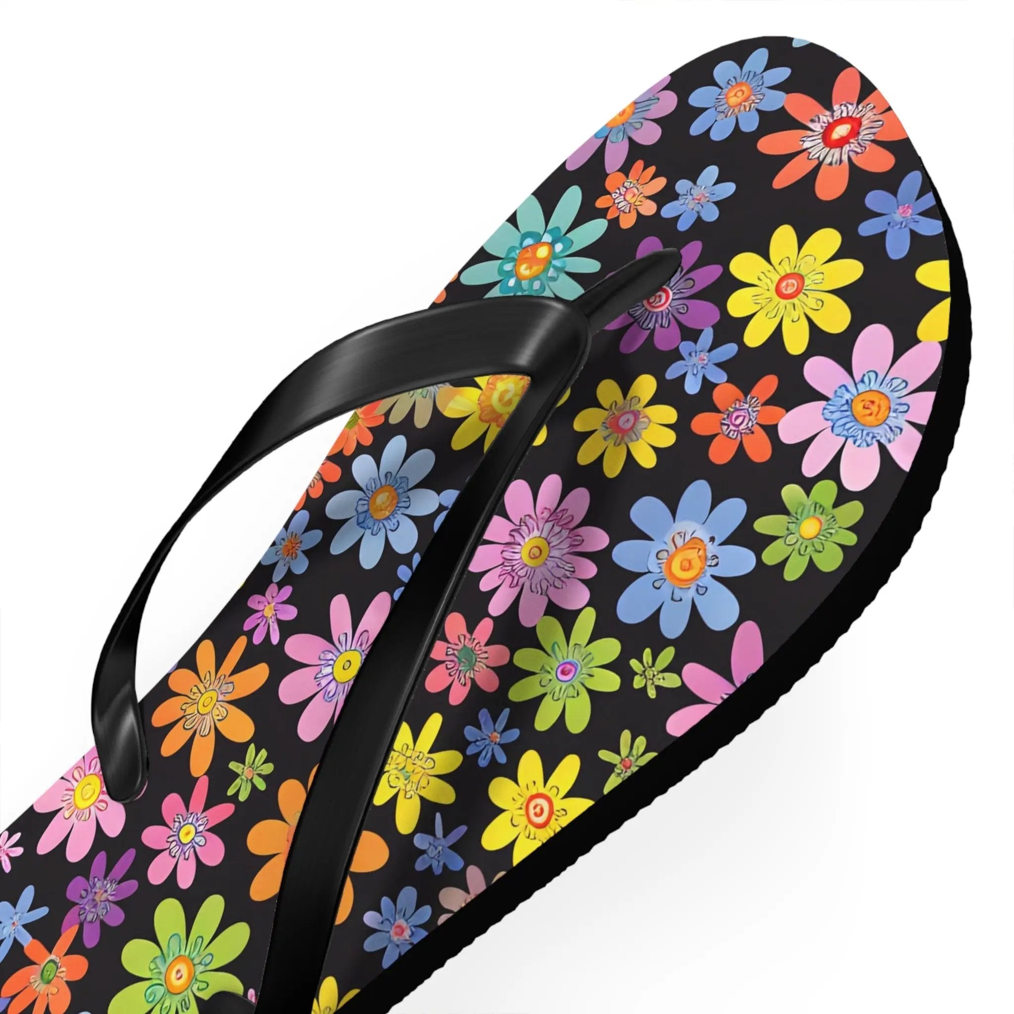 Black likes colors Bright Floral Flip Flops for Summer Fun Printify