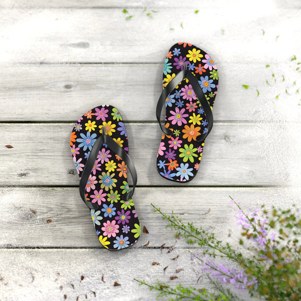 Black likes colors Bright Floral Flip Flops for Summer Fun Printify