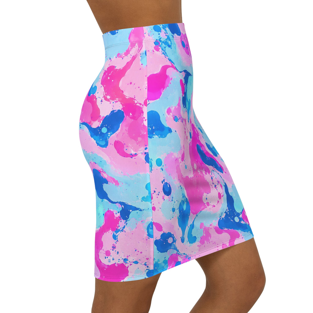 Abstract Watercolor Swirl Pencil Skirt — Pink & Blue AOP
