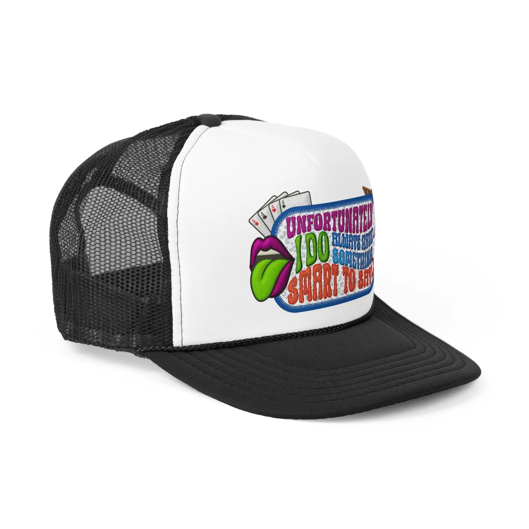 Girls and Caps Funny Trucker Cap - "Unfortunately, I Always Have Something Smart to Say" Printify