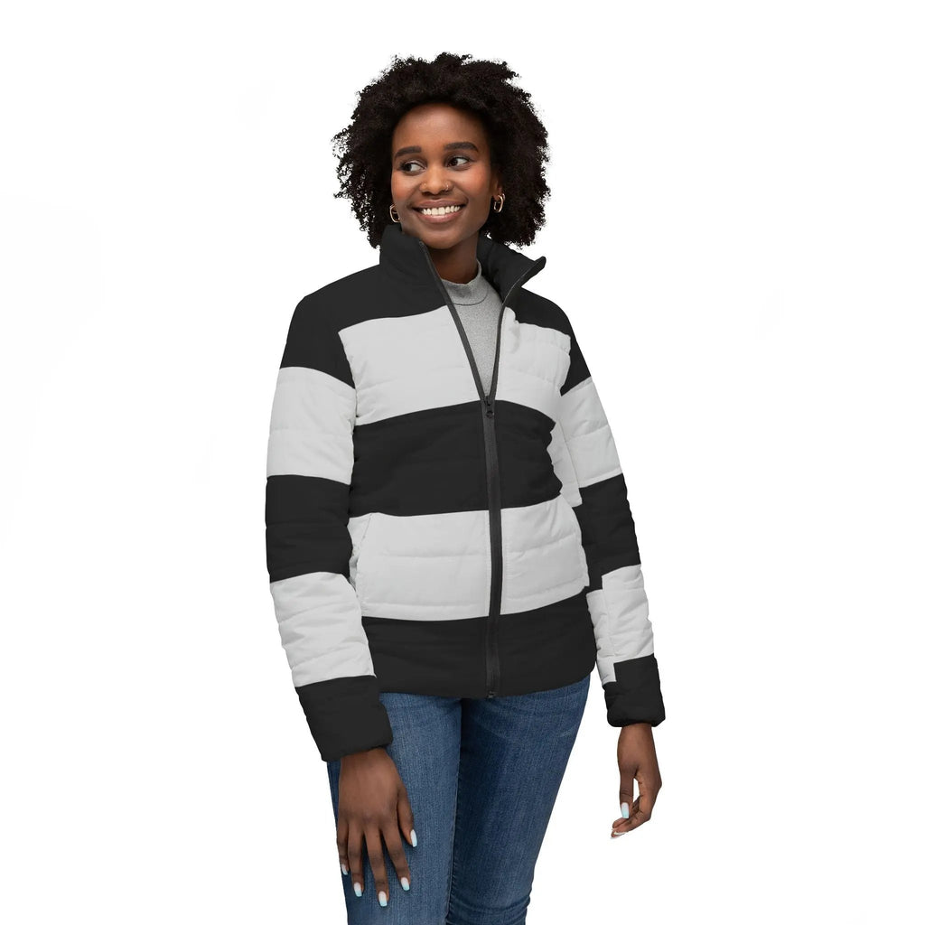Black likes colors Stylish Women’s Puffer Jacket - Bold Stripes for Winter Adventure Printify