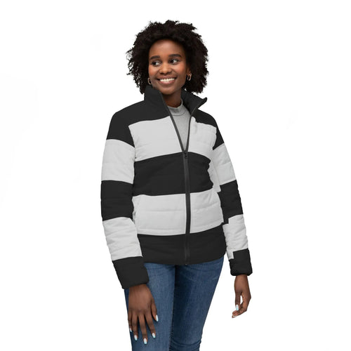 Black likes colors Stylish Women’s Puffer Jacket - Bold Stripes for Winter Adventure Printify