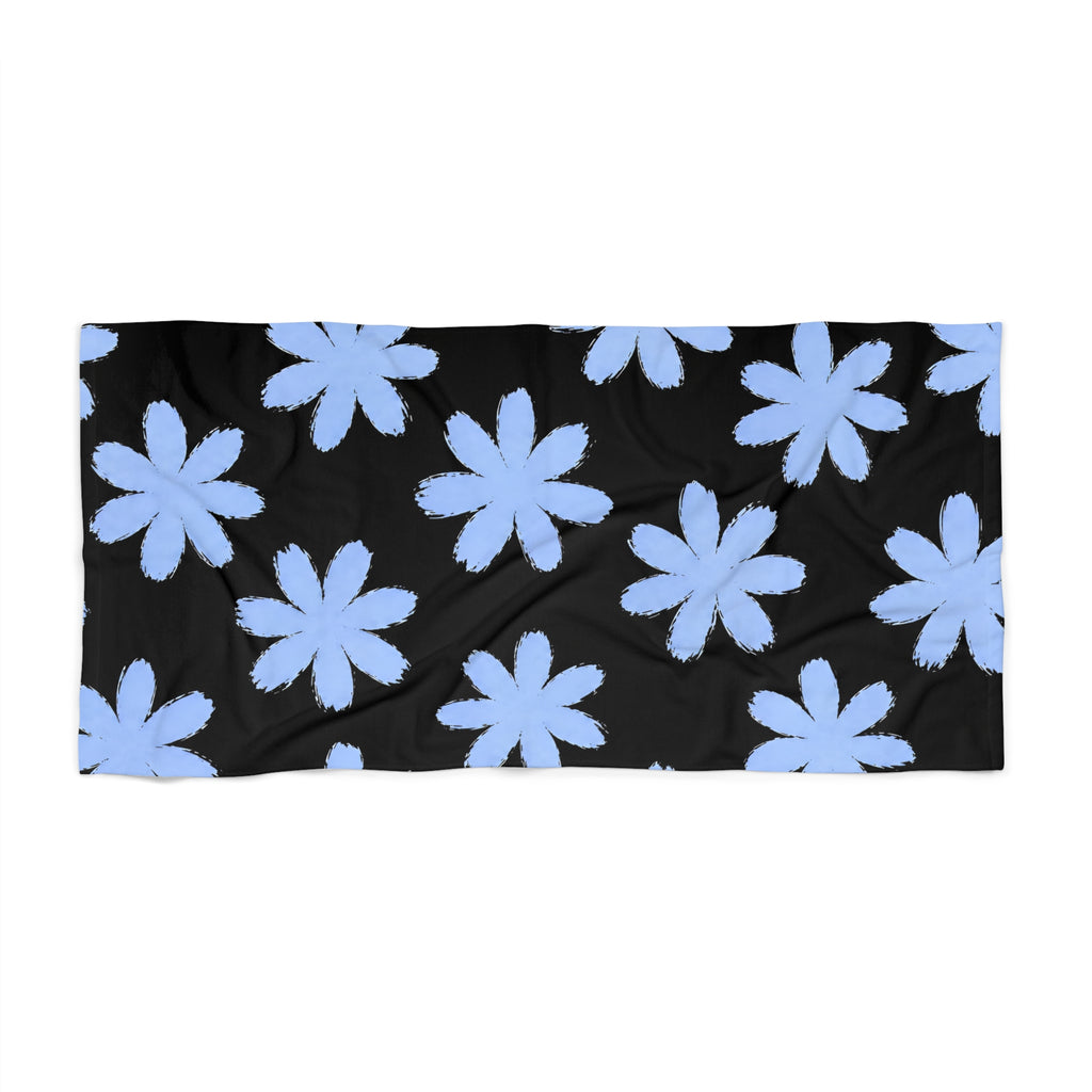 Blue Daisy Floral Beach Towel — Black Background Summer Beach Towel