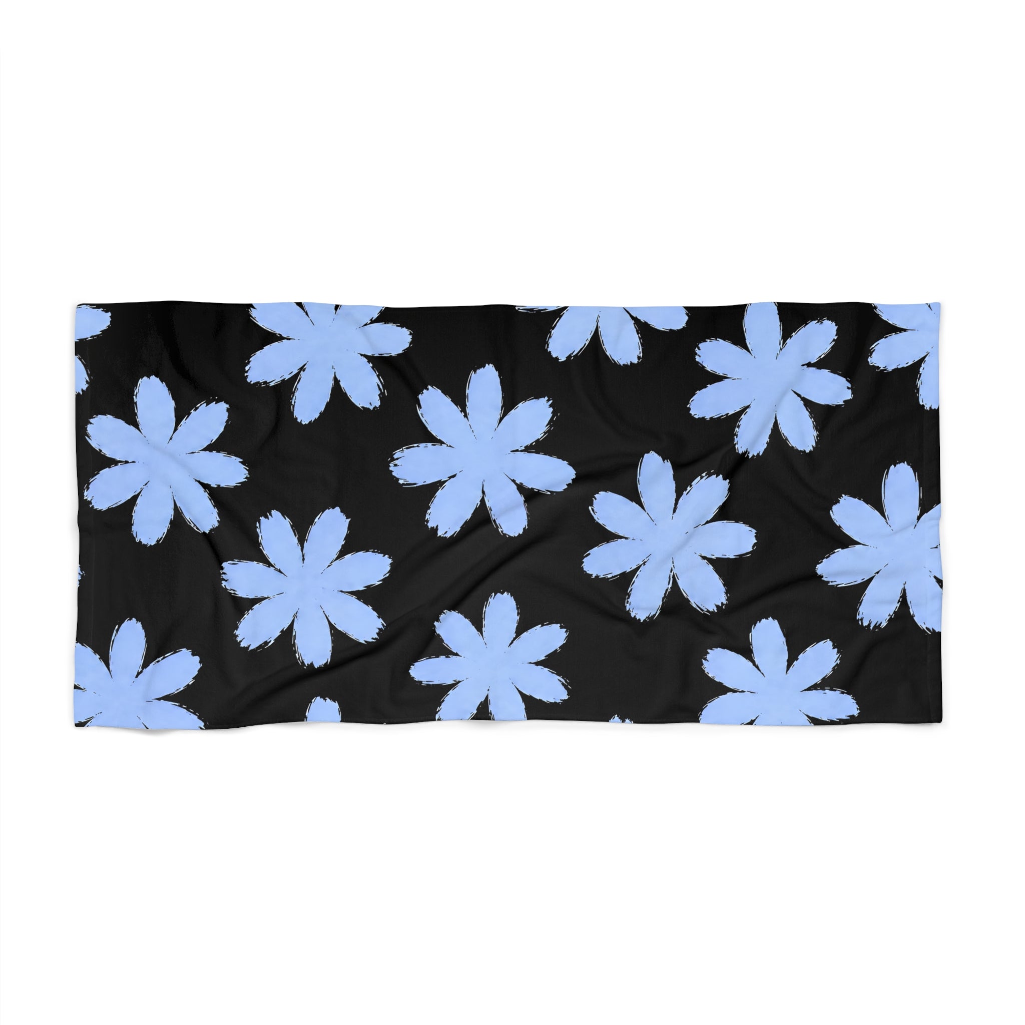 Blue Daisy Floral Beach Towel — Black Background Summer Beach Towel