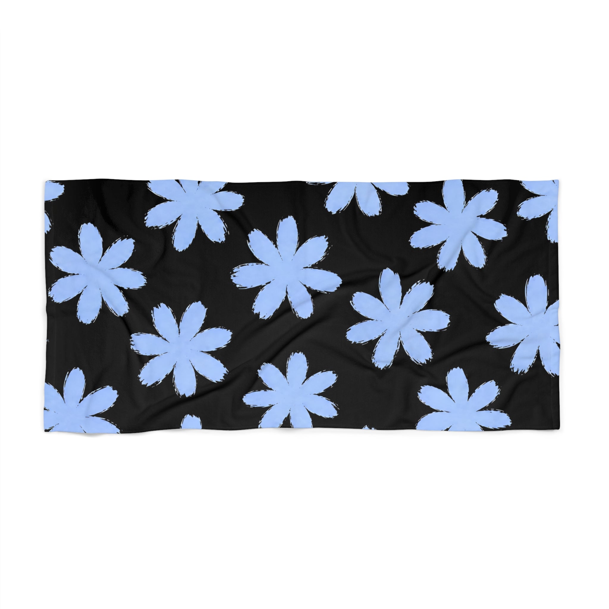 Blue Daisy Floral Beach Towel — Black Background Summer Beach Towel