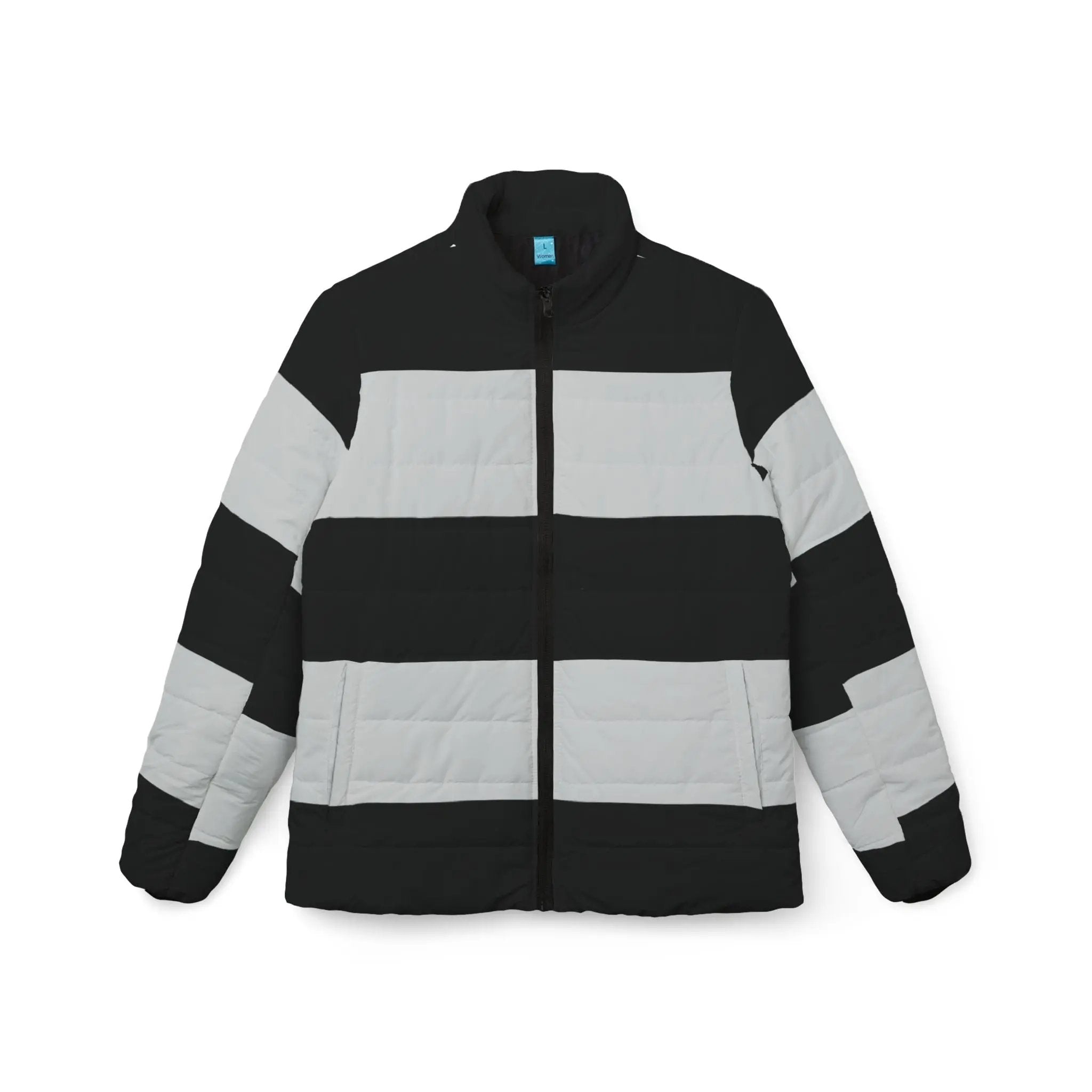 Black likes colors Stylish Women’s Puffer Jacket - Bold Stripes for Winter Adventure Printify