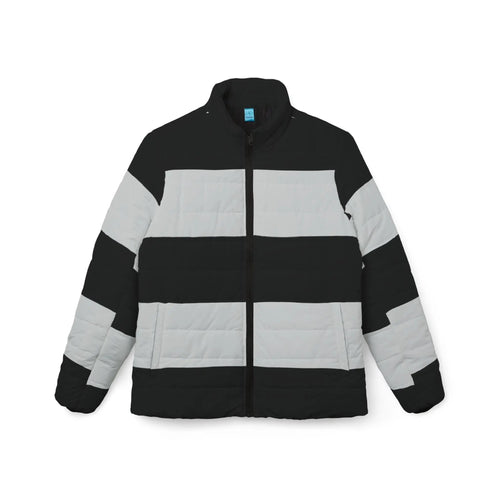 Black likes colors Stylish Women’s Puffer Jacket - Bold Stripes for Winter Adventure Printify