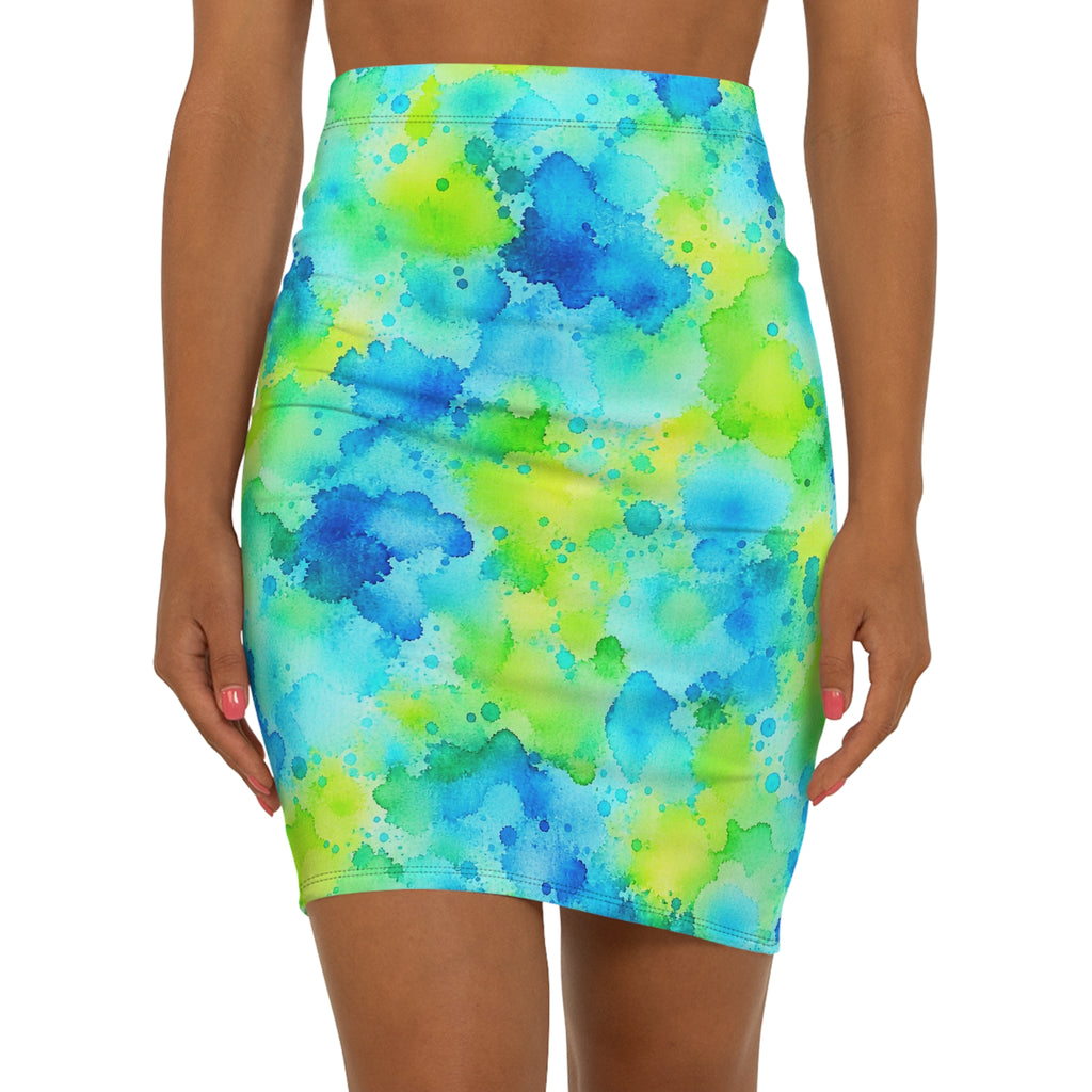 Watercolor Splash Pencil Skirt — Blue & Lime Tie-Dye Print