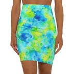 Watercolor Splash Pencil Skirt — Blue & Lime Tie-Dye Print