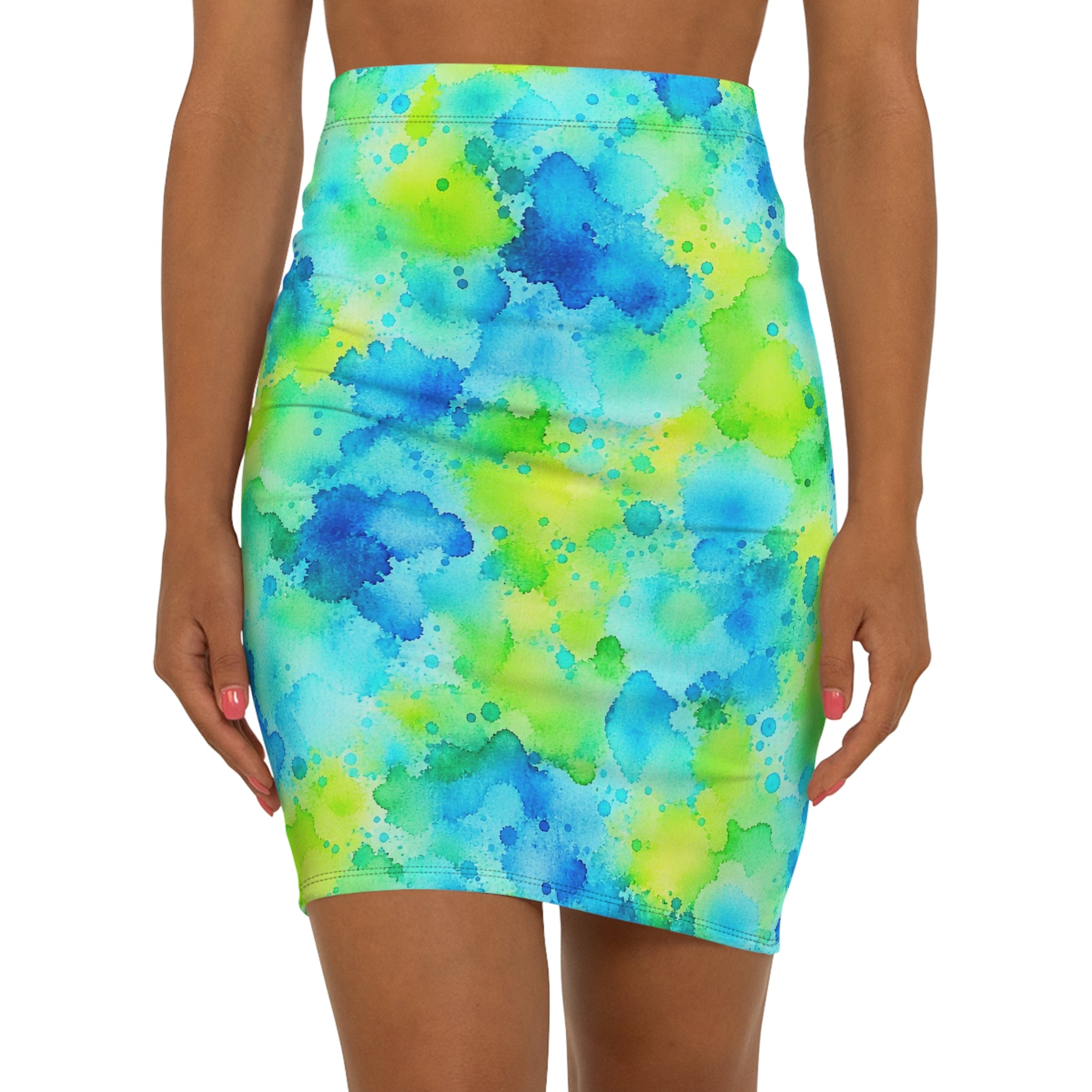 Watercolor Splash Pencil Skirt — Blue & Lime Tie-Dye Print