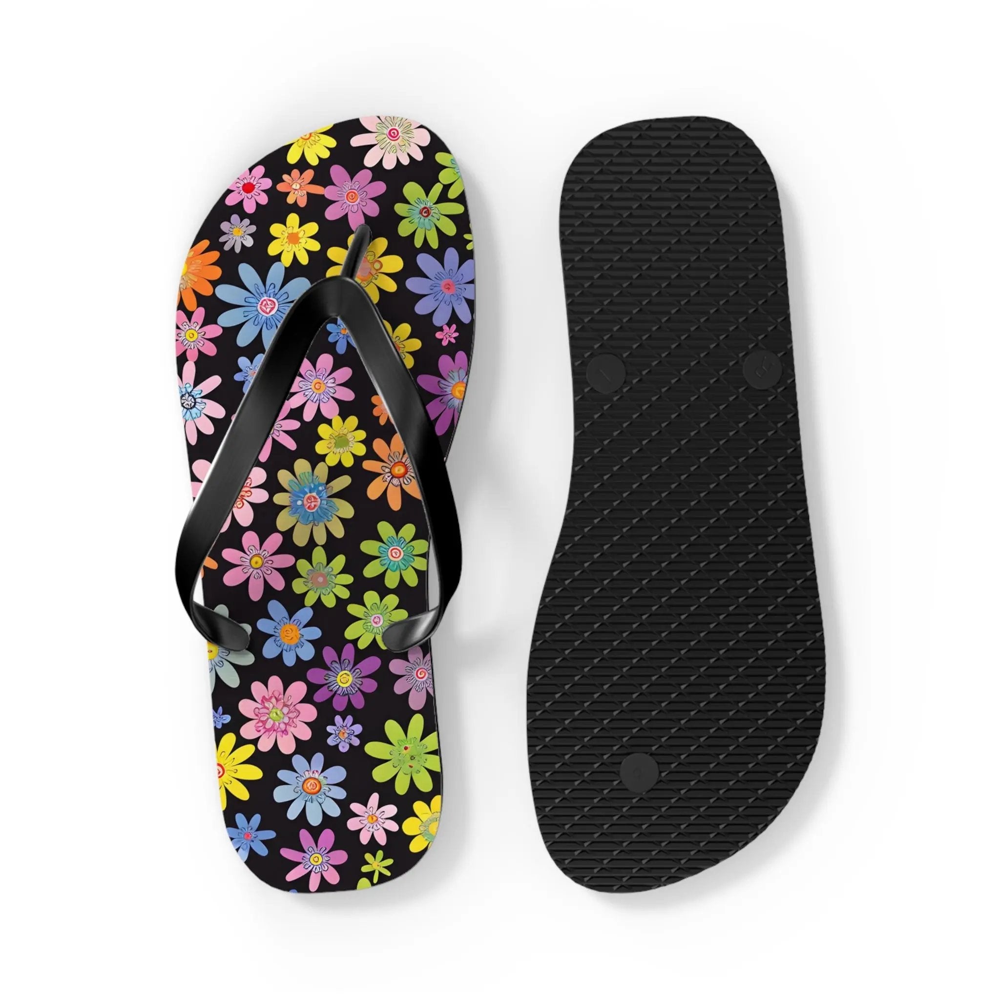 Black likes colors Bright Floral Flip Flops for Summer Fun Printify