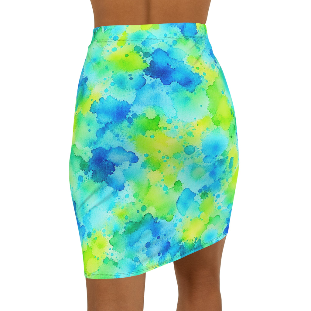 Watercolor Splash Pencil Skirt — Blue & Lime Tie-Dye Print