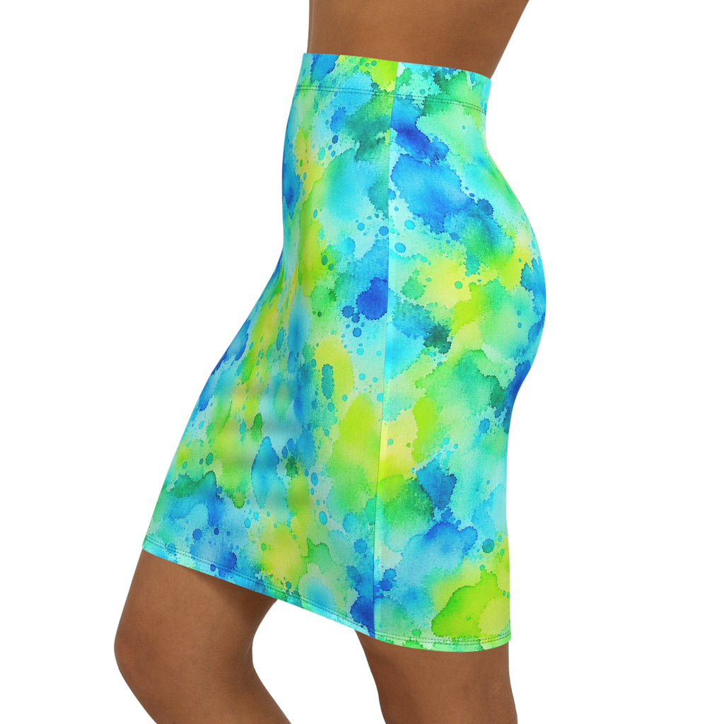 Watercolor Splash Pencil Skirt — Blue & Lime Tie-Dye Print