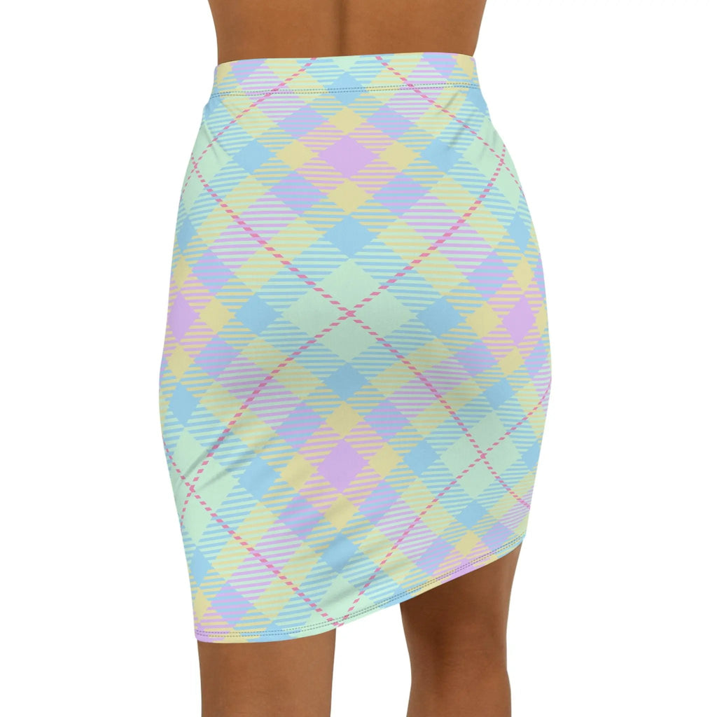 Pastel Plaid Women's Mid-Waist Pencil Skirt, Spring Fashion, Smart Casual, Office Wear, Birthday Gift, Date Night Outfit Printify