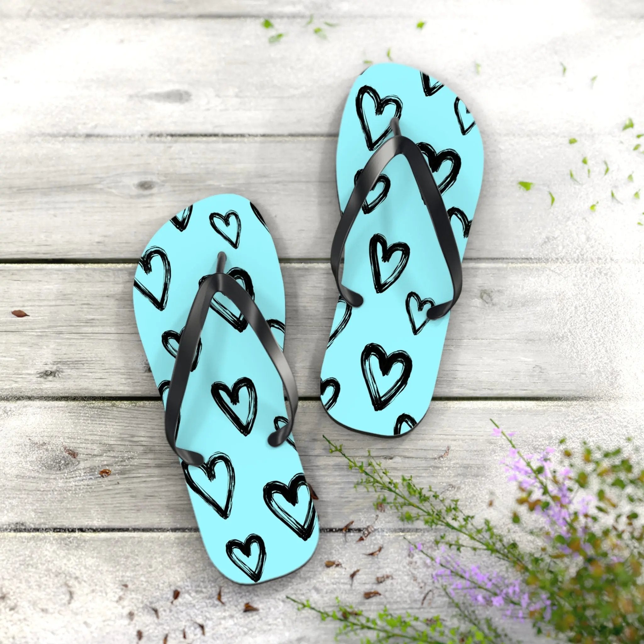 Like&Share Heart Print Flip Flops - Cute and Comfortable Summer Sandals Printify