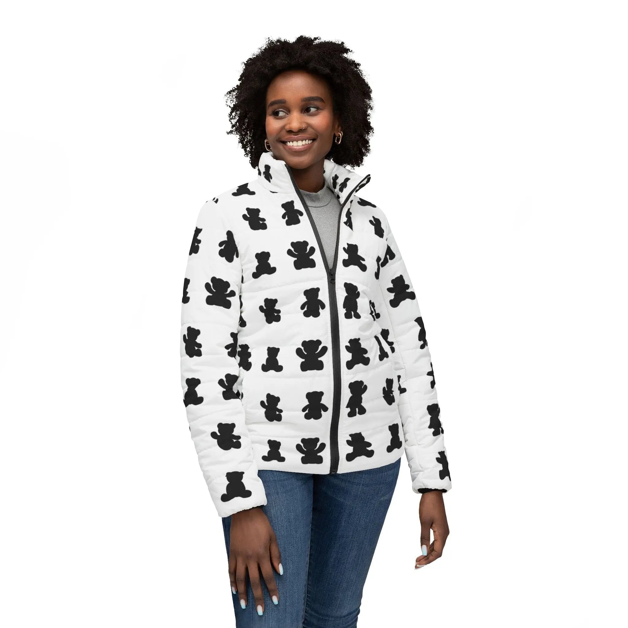 Like&Share Stylish Women's Puffer Jacket with Fun Bear Print Printify