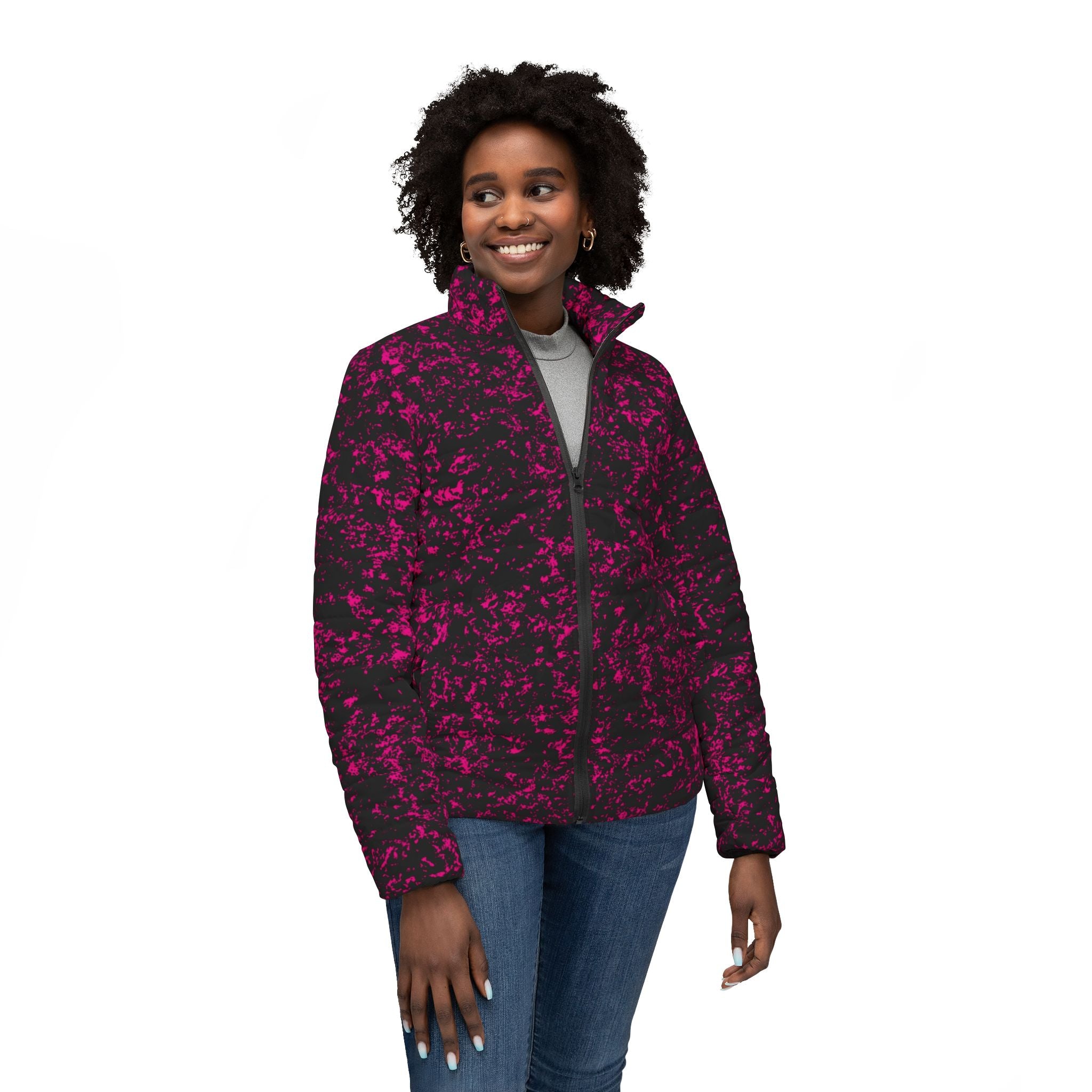 Women’s Puffer Jacket — Magenta Nebula All-Over Print
