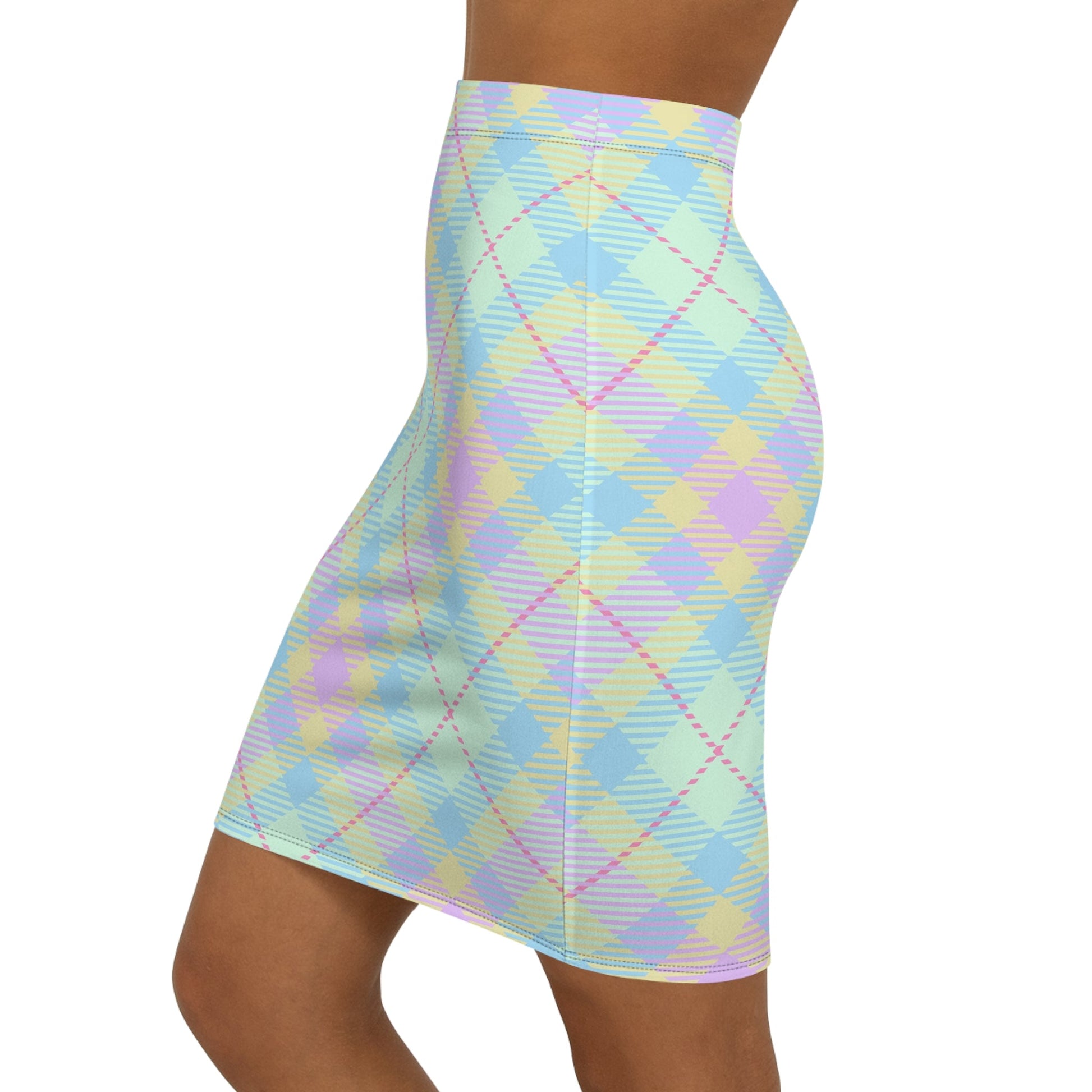 Pastel Plaid Women's Mid-Waist Pencil Skirt, Spring Fashion, Smart Casual, Office Wear, Birthday Gift, Date Night Outfit Printify