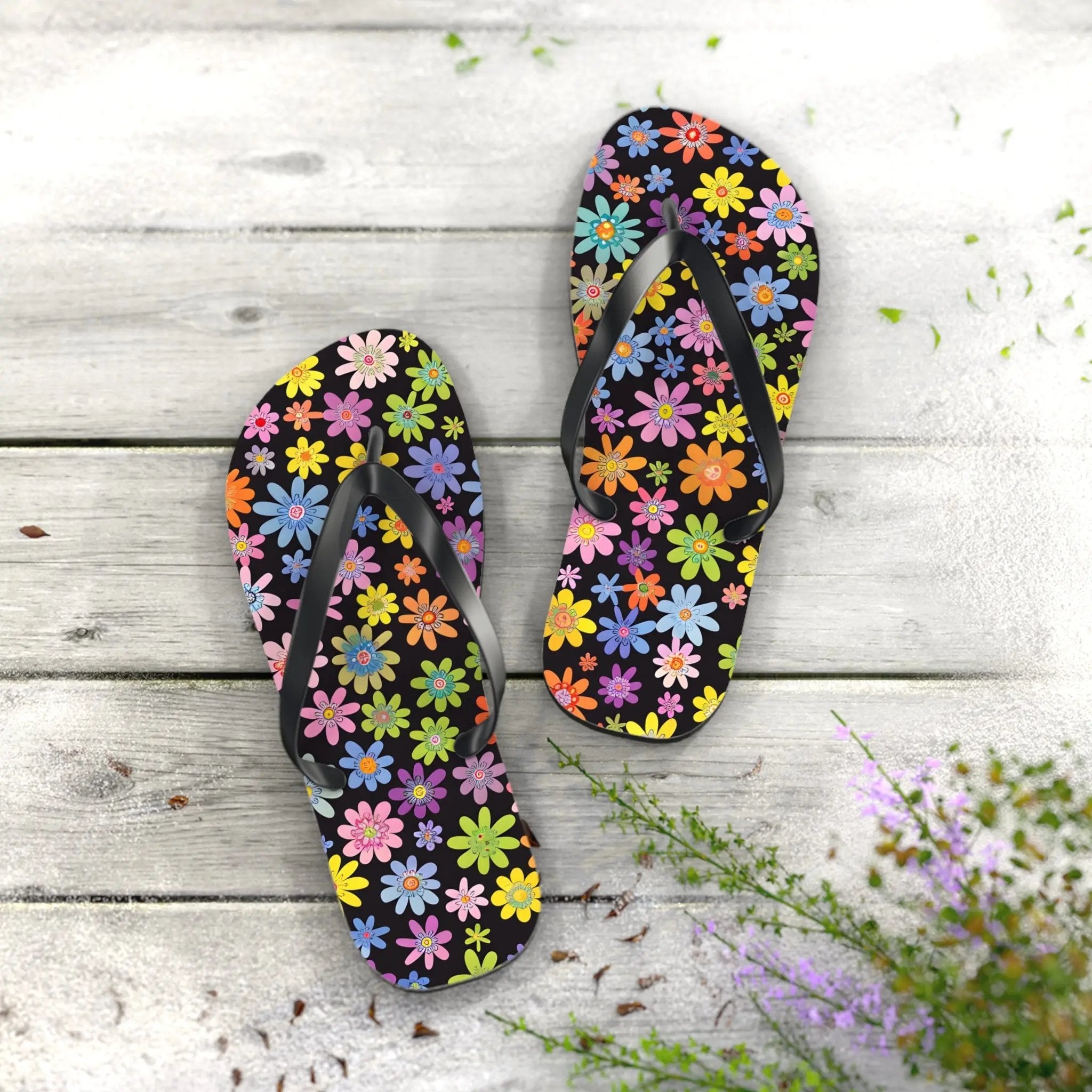 Black likes colors Bright Floral Flip Flops for Summer Fun Printify