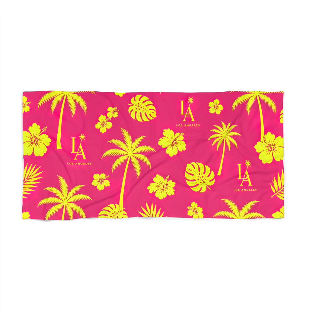 LA Tropical Hibiscus Beach Towel — Bright Pink & Yellow Palm Pattern