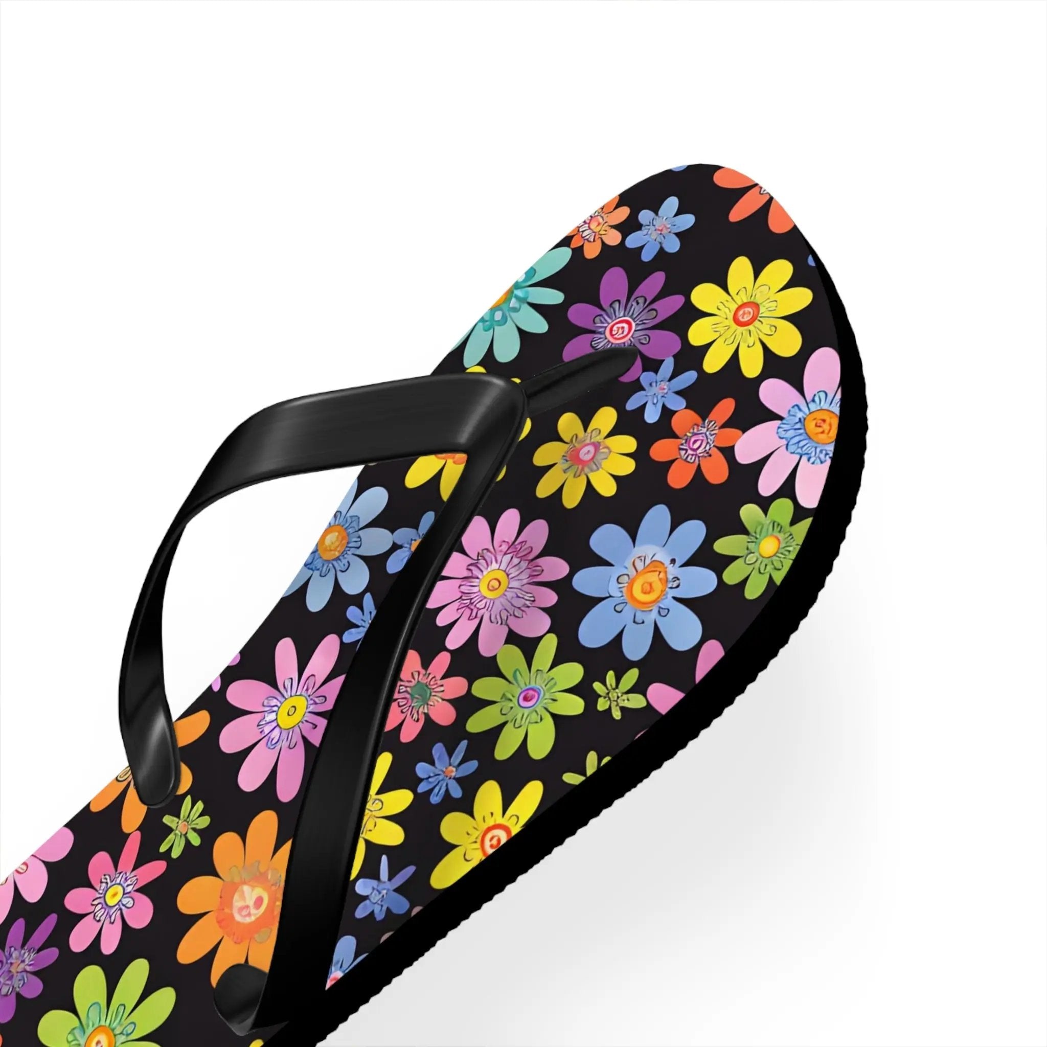 Black likes colors Bright Floral Flip Flops for Summer Fun Printify
