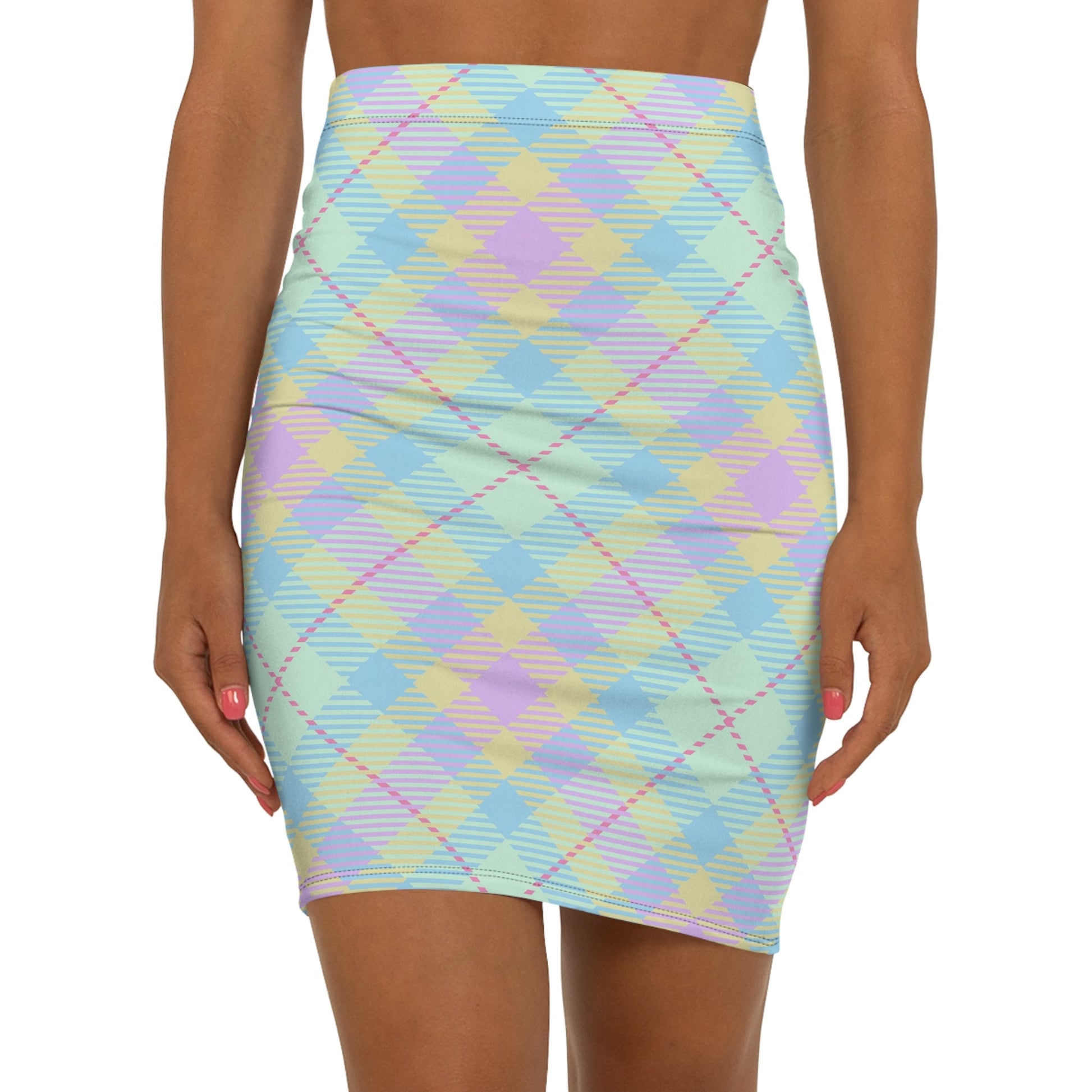 Pastel Plaid Women's Mid-Waist Pencil Skirt, Spring Fashion, Smart Casual, Office Wear, Birthday Gift, Date Night Outfit Printify