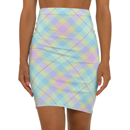 Pastel Plaid Women's Mid-Waist Pencil Skirt, Spring Fashion, Smart Casual, Office Wear, Birthday Gift, Date Night Outfit Printify