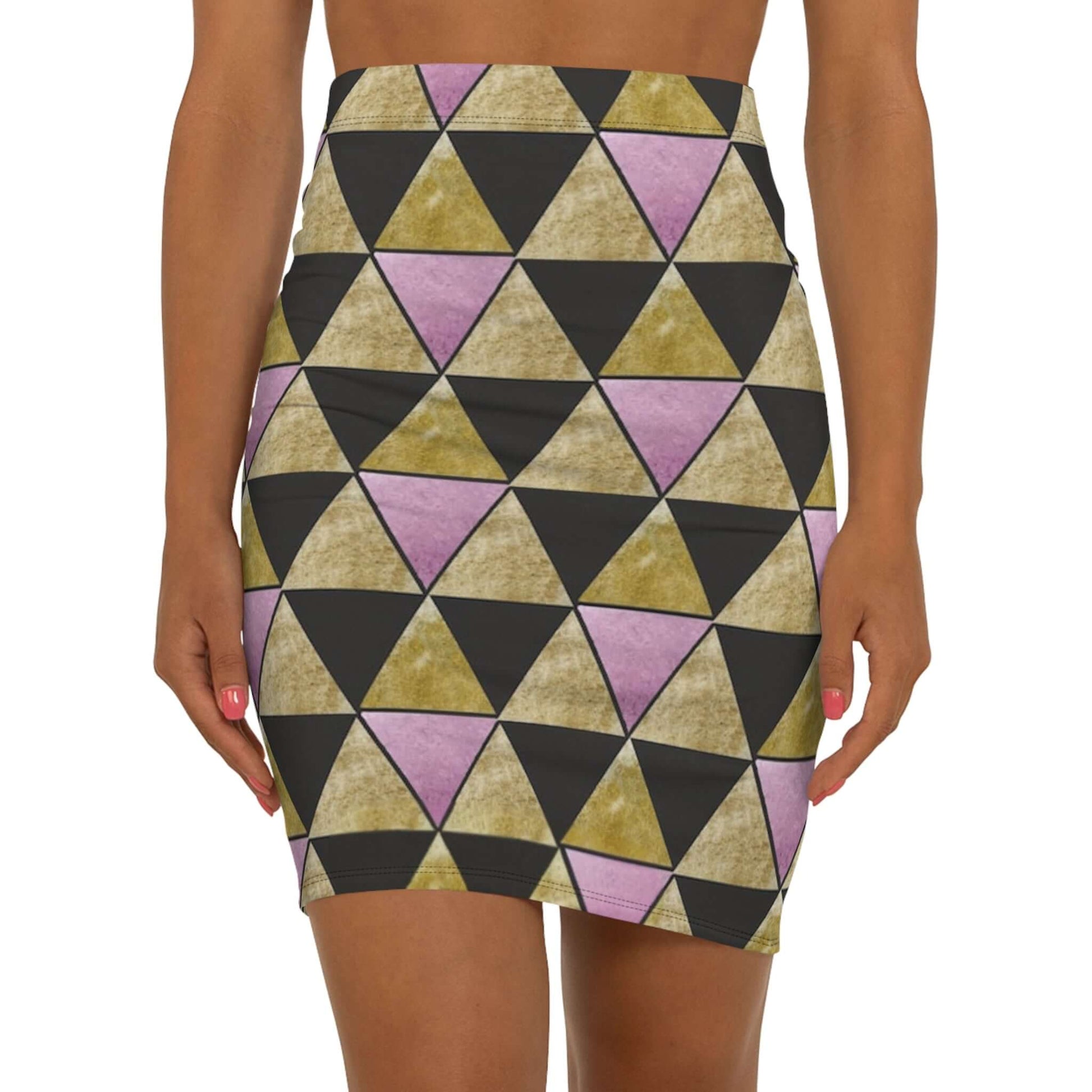 Like a star stylish mid-waist pencil skirt with geometric triangle pattern in pink, black, and gold colors
